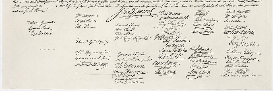 Signatures on the U.S. Declaration of Independence. Public Domain image via Wikimedia Commons.